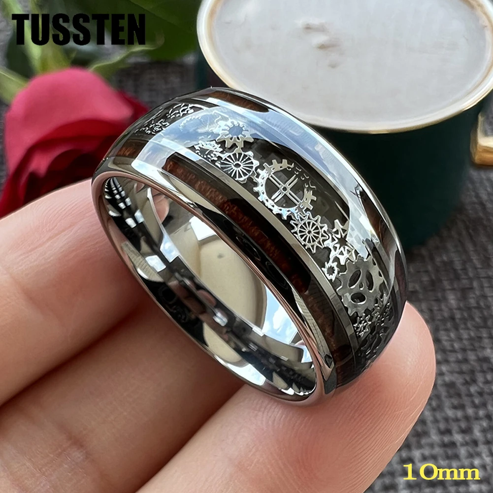 Dropshipping TUSSTEN 10MM Homens Mulheres Anel de Engrenagem Legal Banda de Casamento de Tungstênio Acabamento Abóbado Com Instrumento de Madeira Conforto Ajuste