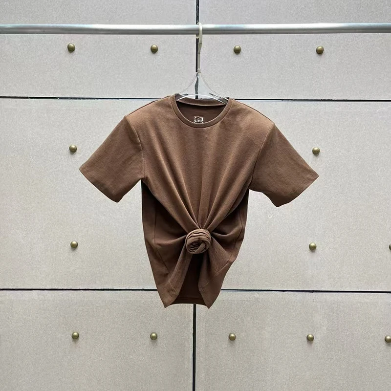 تي شيرت نسائي معقود بأزرار على شكل زهور، مبطن على الكتف وأكمام قصيرة ورقبة دائرية، قطن عالي الجودة، 2025، جديد، y2k