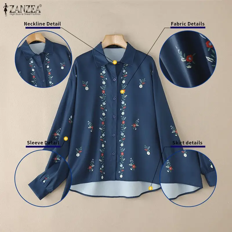Herfst Dames Casual Bloemenprint Witte Shirts Lange Mouw Hoog-Laag Button Up Turkse Boheemse Losse Tops ZANZEA Vrouw Kleding