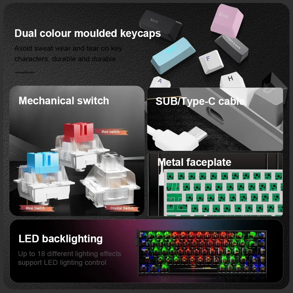 E-YOOSO Z686 USB Mini jeu mécanique mince clavier filaire interrupteur rouge 68 prédire russe brésilien portugais pour ordinateur PC portable