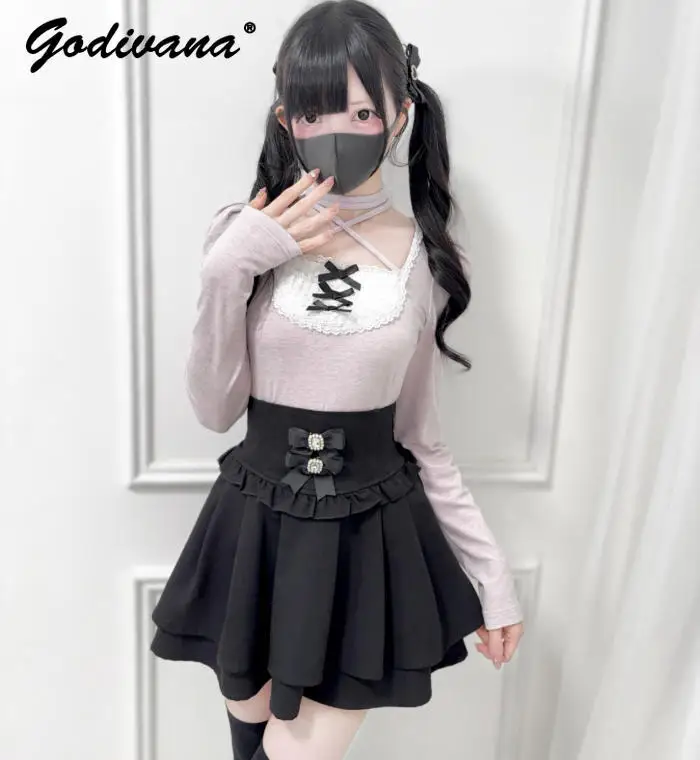 Nieuwe Lente en Herfst Subcultuur Cross Halter Gebreide Top Meisje vrouwen Zoete Boog Lolita Lange Mouw Trui T-Shirt tops