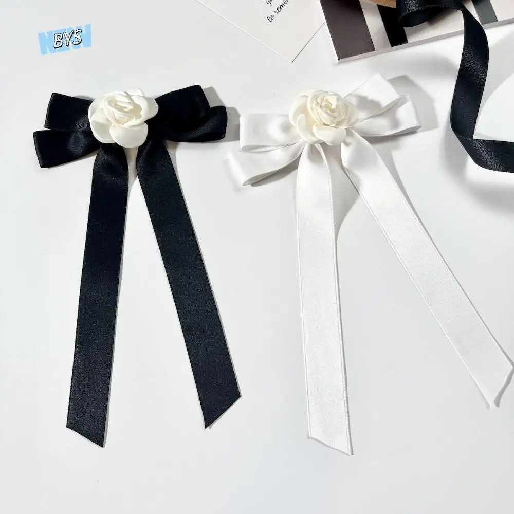

Simple White Black Ribbon Pin Pearl Camellia Black Bow Brooch Pin Photo Accessories Lapel Pin Funerals Memorial Pin Women