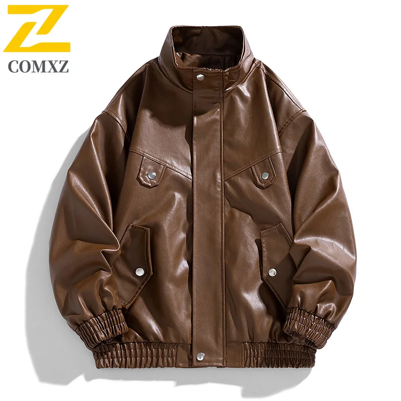 COMXZ New Male PU Leather Jacket Fashion Classic Stand Collar Racing Motorcycle Jackets Outdoor Camping Breathable Autumn Coat​