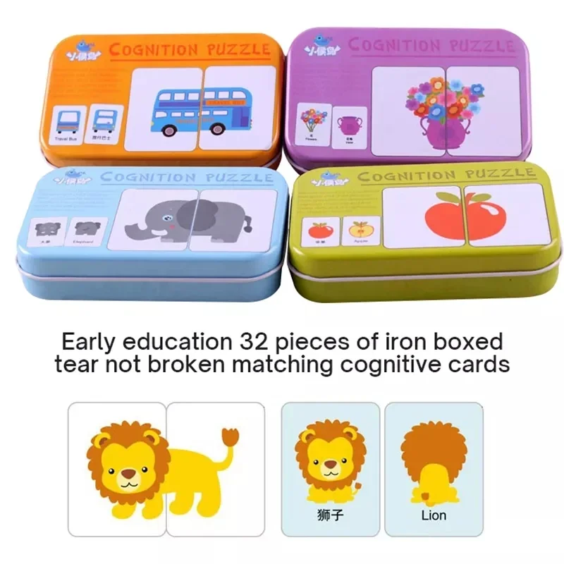 Baby Cognition Puzzle Toys Toddler Kids Iron Box Cards Matching Game Cognitive Card Car Fruit Animal Life Puzzle Gift