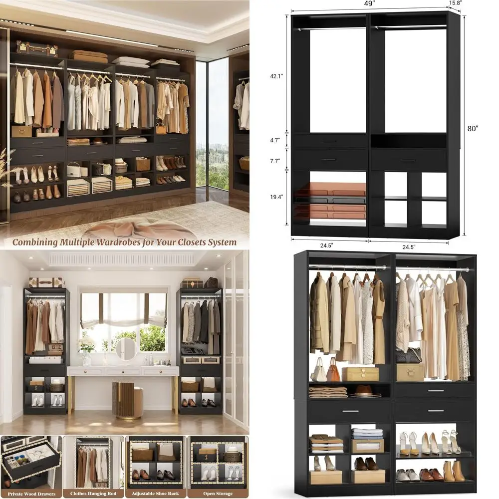 

80 H x 50 W Walk-In Closet Organizer with Hanging Rods, Wooden Drawers, Adjustable Shoe Rack, Cubby Storage, Ideal for Bedrooms,