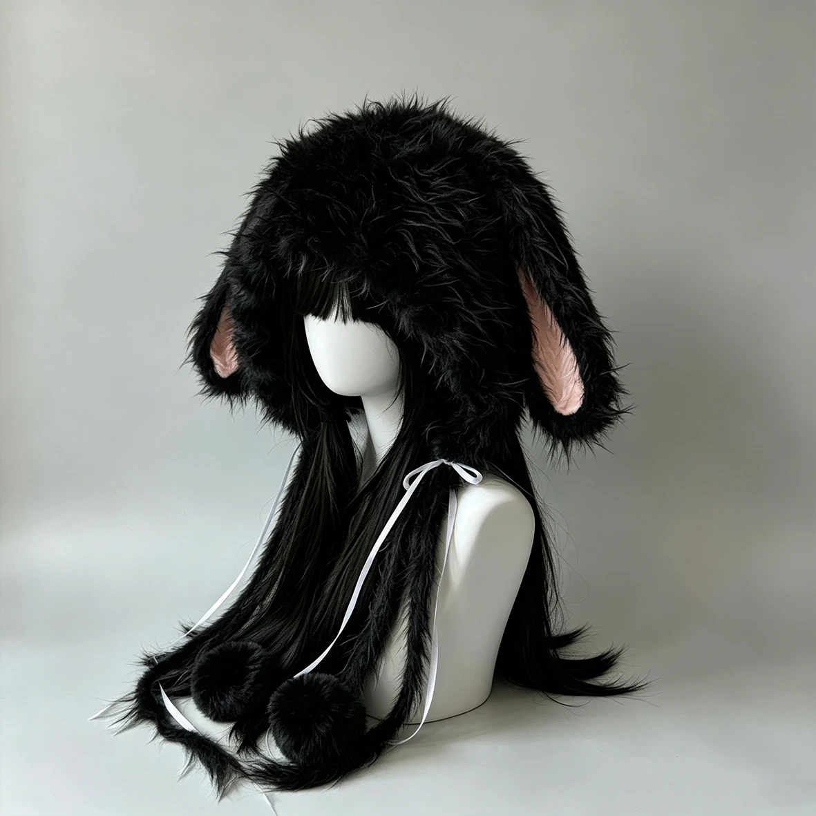 Custom Handmade White Black Rabbit Bunny Ears Hood Crochet Pom Pom Knitted Winter Warm Beanie Kawaii Fairycore Lolita Headwarmer