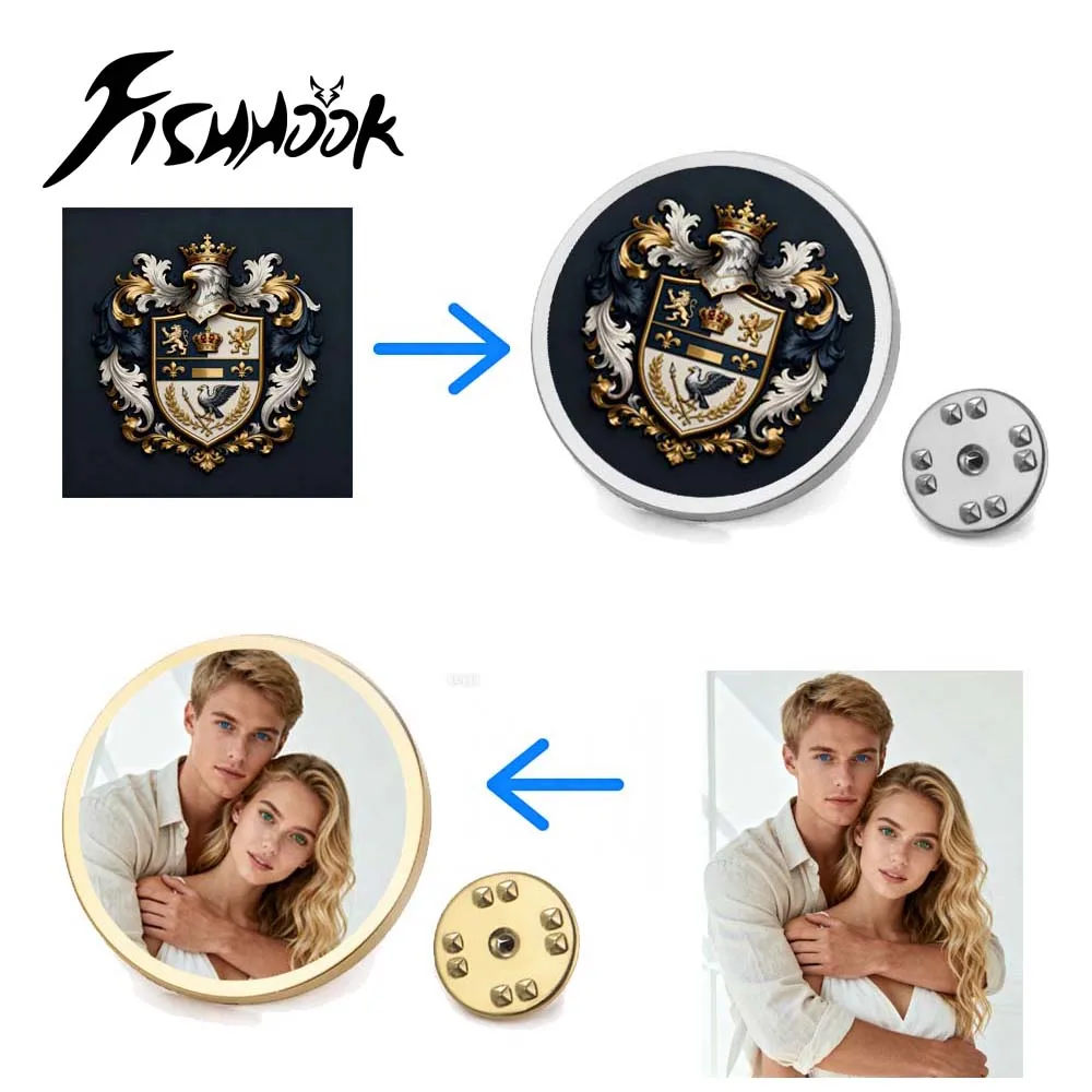 Impressão demanda etiqueta de foto broche personalizado logotipo da empresa pino peito emblema de metal para mulher homem casamento aço inoxidável