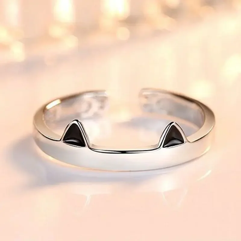 Anillo ajustable de plata rosa, pendientes de gato, diseño abierto, joyería de moda, regalo lindo para mujeres y niñas