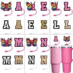 4PCS Multi-Color Letter Straw Cover Cap,10mm Silicone Pink Alphabet Straw Topper Accessories for Cups, Dustproof Straw Plug
