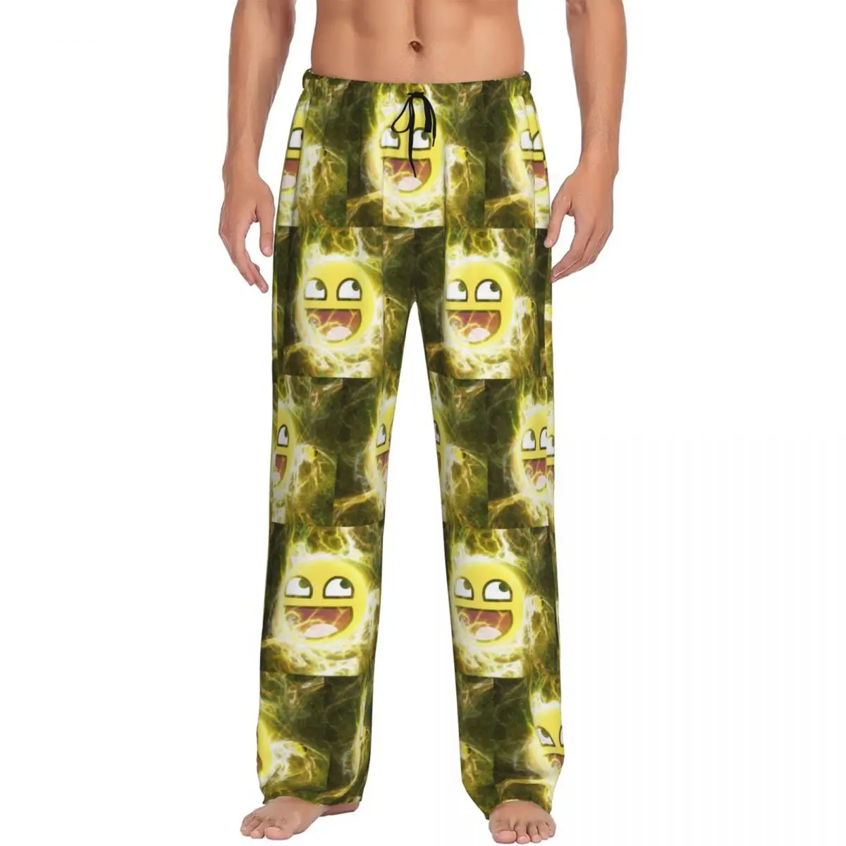 Pantalon de pyjama pour hommes avec motif de visage énigmatique et de smiley, idéal pour dormir et se détendre, avec poches.