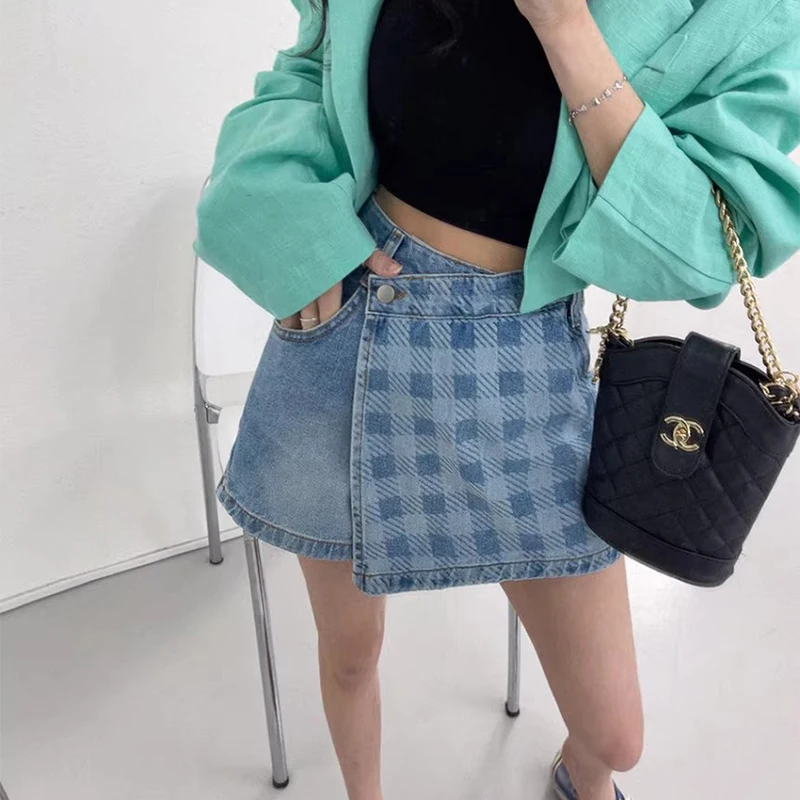 

ZHISILAO Irregular A-line Denim Skirt Women Vintage Plaid Patchwork High Waist Straight Skirt Spring Summer 2024