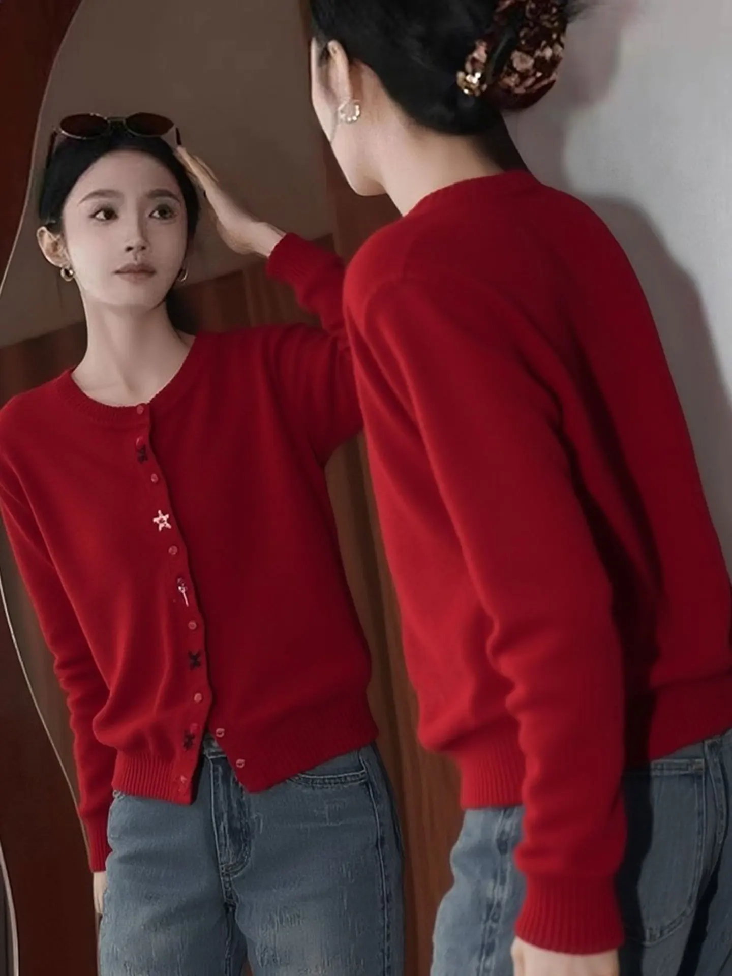 

Ele Red Long Sve Knitted Open Cardigan Winter Sle round Ne Women's Top High End European Brand Camere Sweater