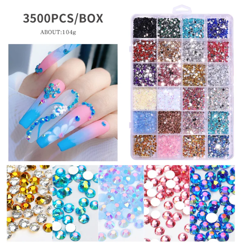 3500 pièces/boîte ongles résine colorée diamant strass 24 grilles bricolage perceuse fluorescente décorations d'ongles Salon de manucure bijoux accessoires