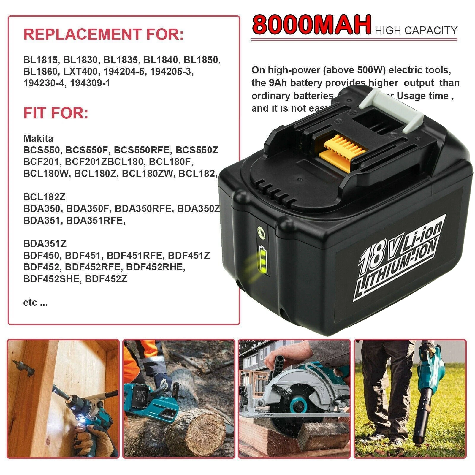 For Makita 18V Battery 8000mAh Replacement Battery Compatible For Makita BL1830 BL1850 BL1840 BL1840B BL1850B BL1890 Power Tools