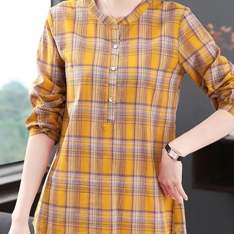 2023 Casual Plaid Printed Round Neck Midi Shirt Spring Autumn Button Female Clothing Long Sleeve All-match Loose Commute Blouse