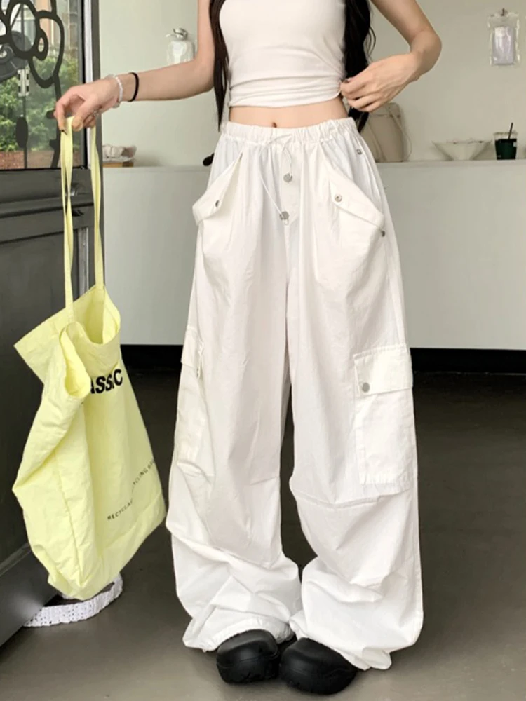 

High Waist Drawstring Casual Floor-Length Pants Women's Style American Design Sensation White Workwear Trousers Summer