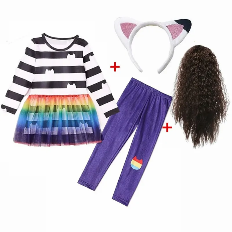 G-Gabby Cats Baby Girls Summer G-Gabby's Dollhouse Dress Rainbow stripe Kids Cosplay Princess Toddler Birthday Party Dresses+wig