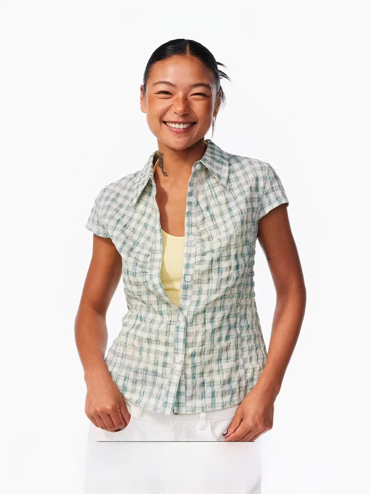 

Age of Ascent l Crease Texture Classic High nce id Waist Cinching ort Sve irt Korean Sle Commute Wind