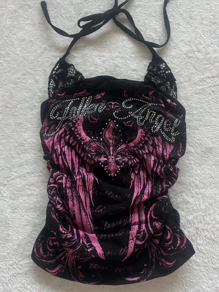 

Y2k Aesthetic Lace Slimming 2000s Strap Top Women's Gothic Punk Retro Harajuku Printed Street Wear Fashion Kopo T-shirt