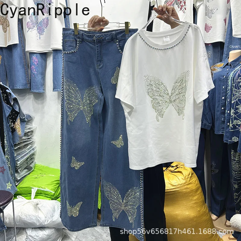 

2026 New Spring Summer Women Two-piece Set Diamond Butterfly Loose Short Sleeve T-shirt Top + High Waist Wide Leg Straight Jeans