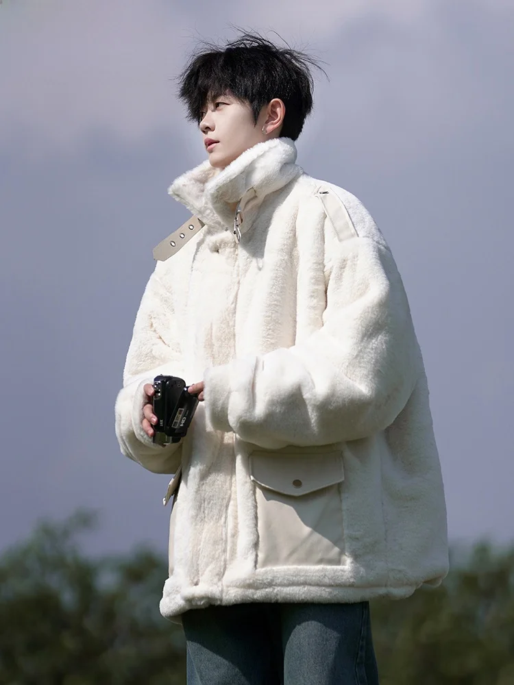 

Wassup Happy Men's Thiened Cotton Jaet Rabbit Fur Splicing Warm Winter Coat Vintage Trendy Brand Couple's Outerwear