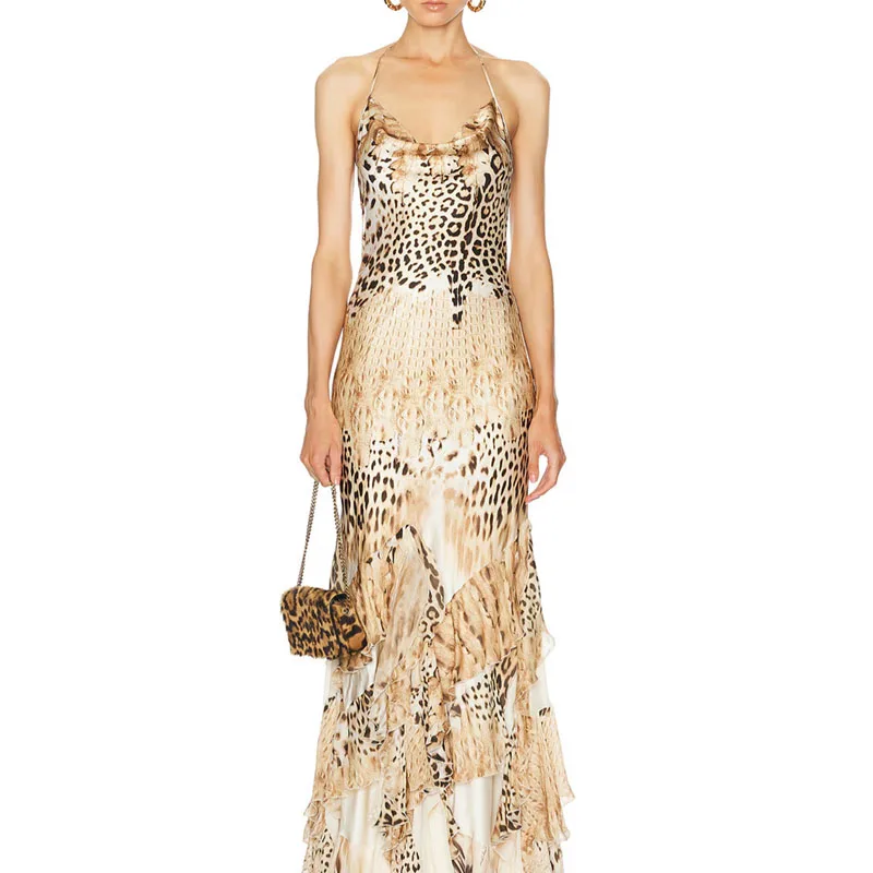 Sexy Women Halter Slim Mermaid Dress Leopard Print Sleeveless Backless Ruffle Hem Maxi Dress Vacation Evening Party Prom Dresses