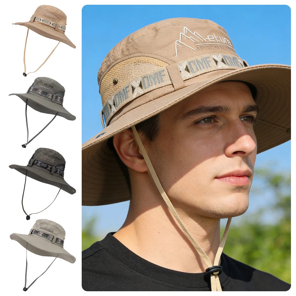 Fashion Wide Brim Men Bucket Hat Mesh UV Protection Fisherman Hat Breathable Panama Cap Hiking Climb