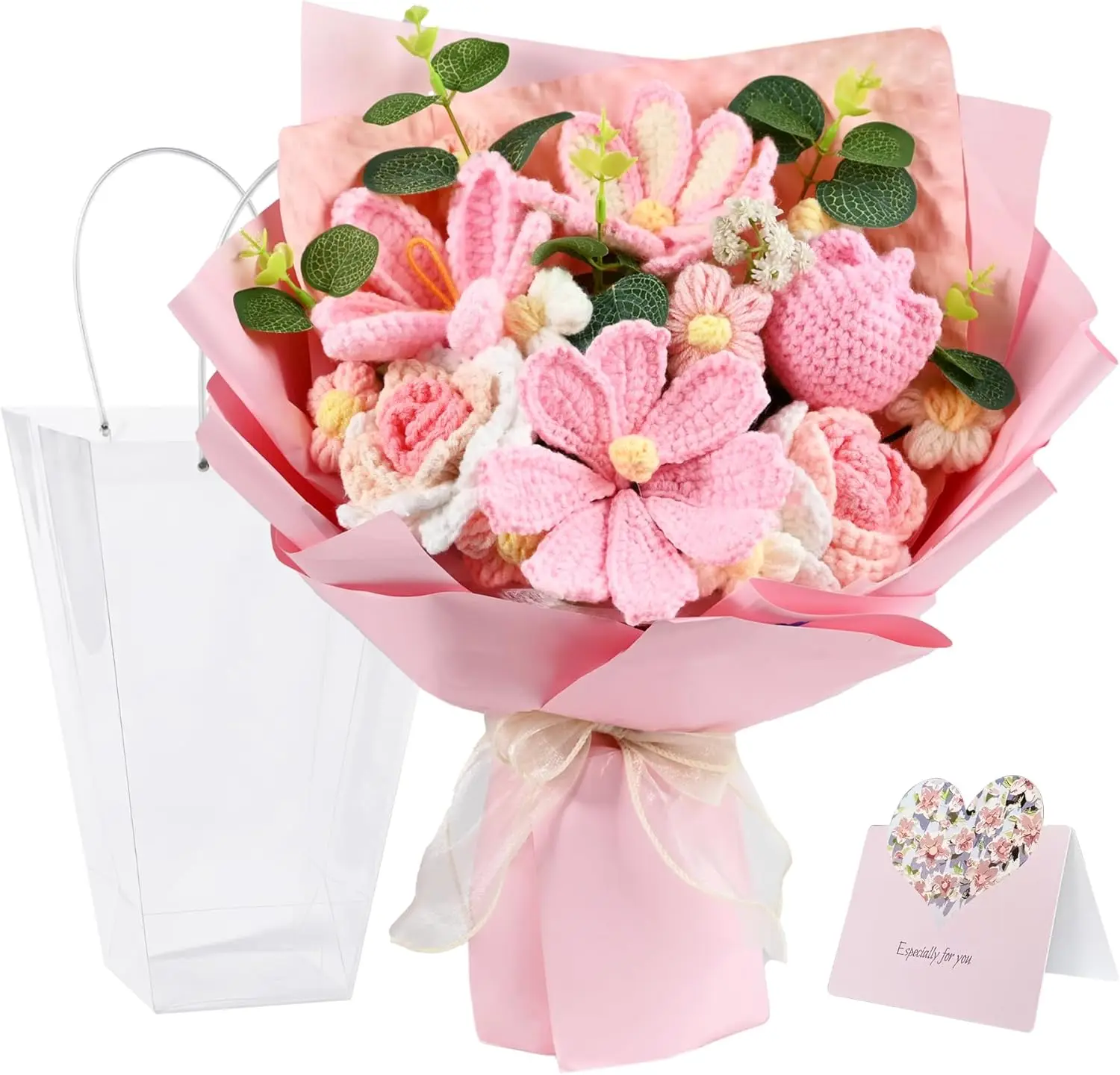 Ramo de Flores Tejidas a Crochet Hechas a Mano, Flores de Hilo Tejido Conservadas para Siempre con Bolsa de Regalo y Tarjeta, Rosa y Margarita Artificiales, Té