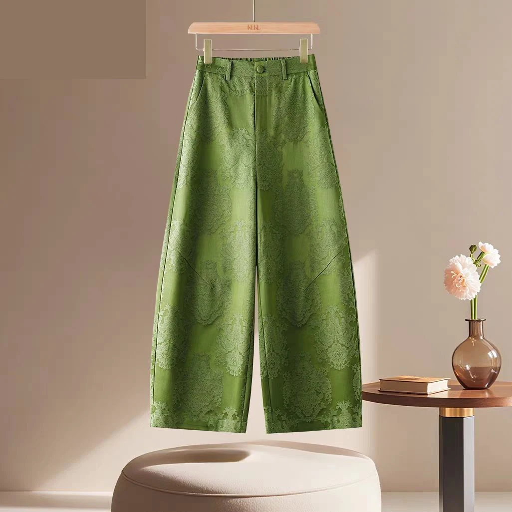 2026 New Chinese style autumn breathable loose jacquard fashion women's pants pocket straight nine-point pants casual pants