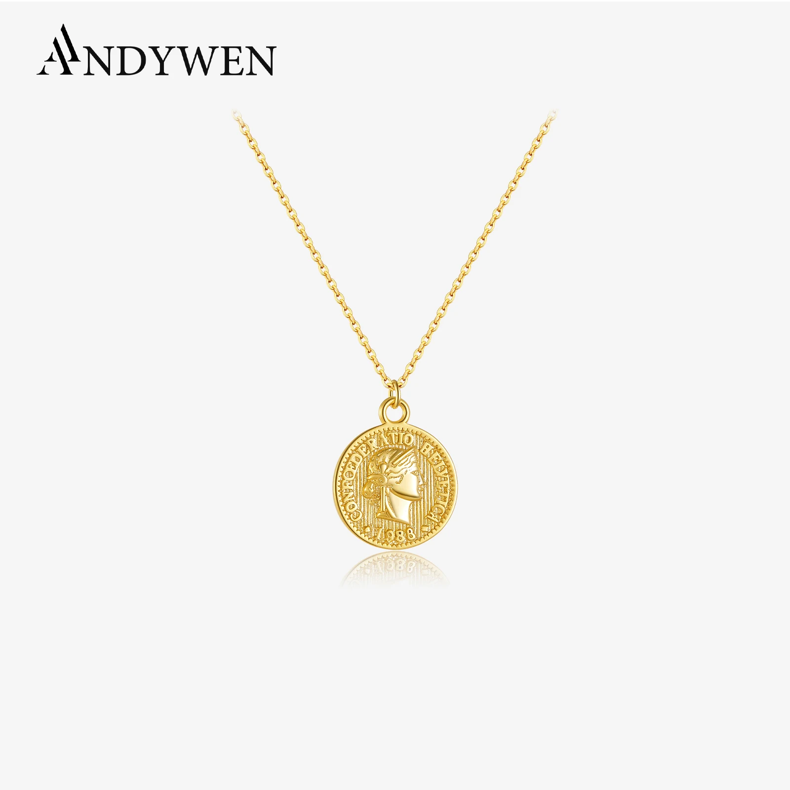 ANDYWEN 925 Sterling Silver Gold Coins Pendant Queen Long Chain Necklace 2021 Fashion Fine Jewelry Gift Women Styels Spring