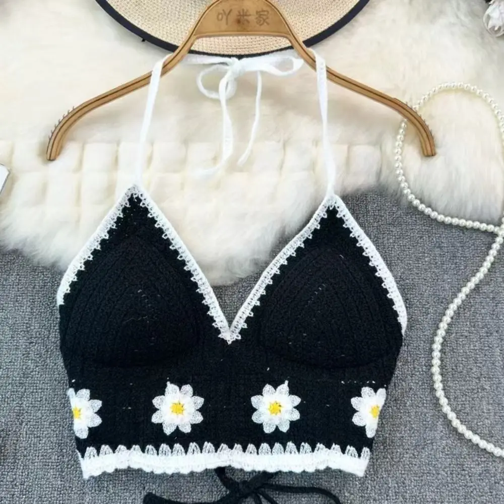 Seksowny krótki top na ramiączkach z dzianiny z frędzlami, ażurowy biustonosz, letni top plażowy.