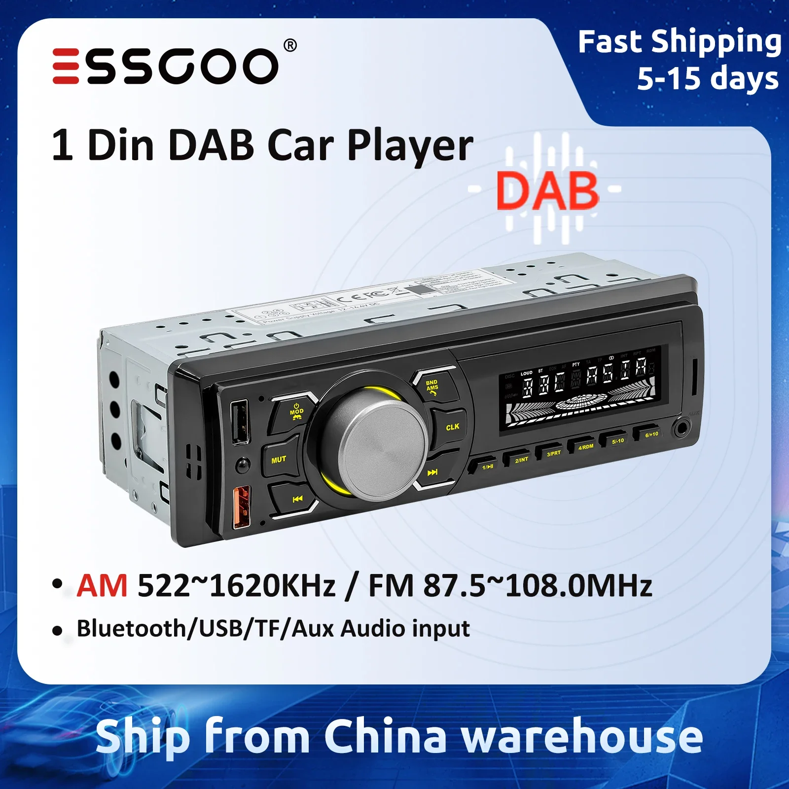 ESSGOO DAB Lettore per auto 1 Din MP3 Autoradio AM RDS Car Stereo DAB + Radio 7 colori Pulsante Bluetooth Multimediale centrale Audio per auto
