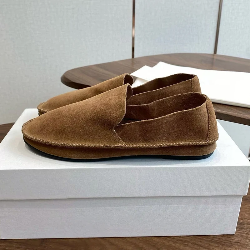 

Round Toe Cow Suede Solid Color Soft Sole Loafer Women's Shallow Mouth Retro Single Shoes Spring Autumn Versatile Flat Shoes