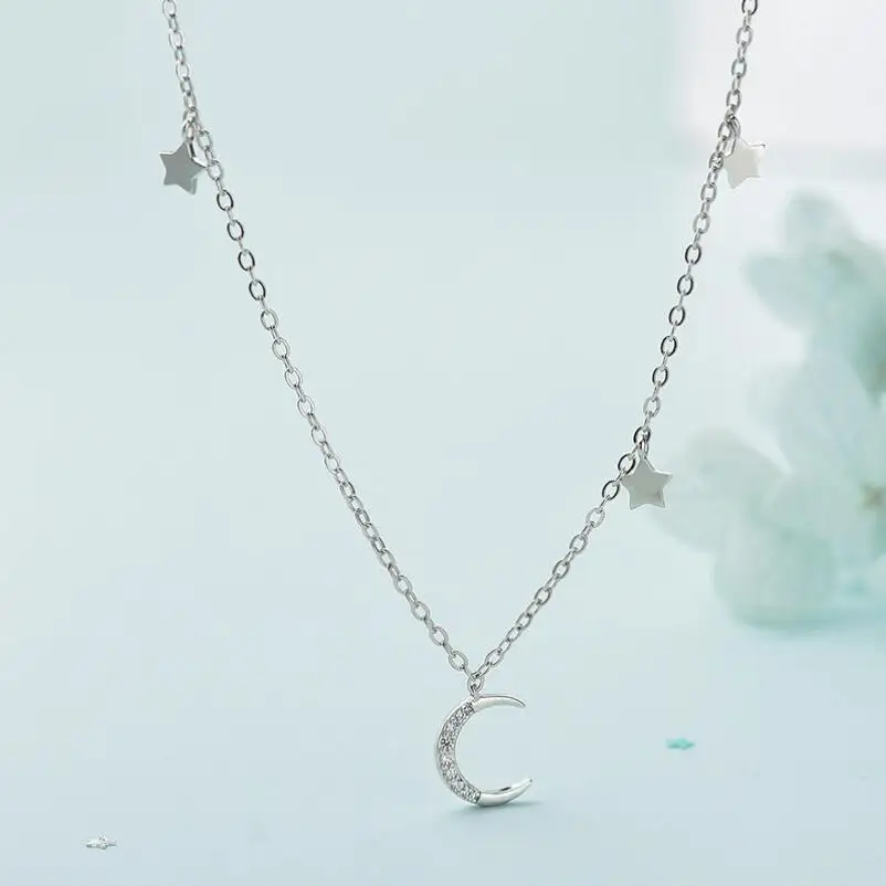 Echt 925 Sterling Zilver Mode Zoete Maan Ster CZ Choker Ketting Voor Vrouwen Bruiloft Valentijnsdag Sieraden DB469