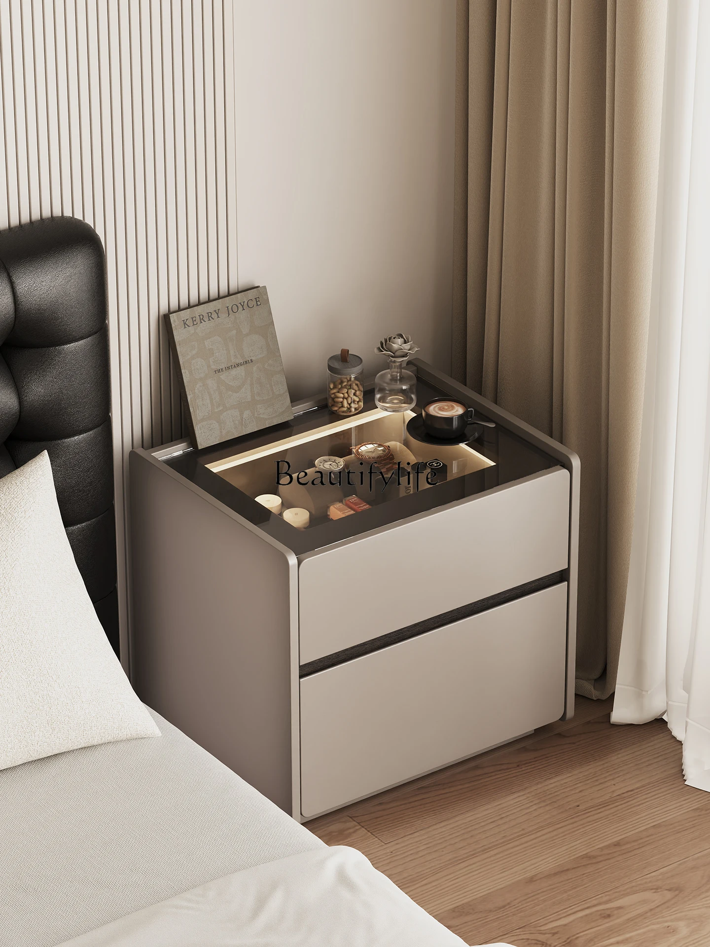 

Italian Style Smart Bedside Table with Light Solid Wood Light Luxury High-end Sense Minimalist Storage Locker