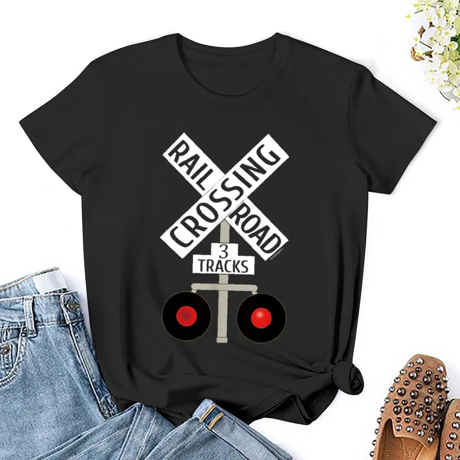 Train Railroad Crossing Lights 3 tracks road sign Women Shirt Graphic Shirt Casual Short Sleeved Female Tee T-Shirt Size S-4XL