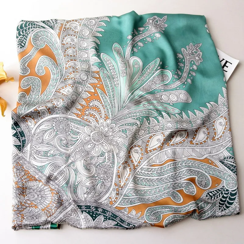 

Paisley Silk Scarf Women Hand Roll Bandanas Bag Accessories Oversized Shawls Hair Neck Belt Scarves Satin Hijab 110cm
