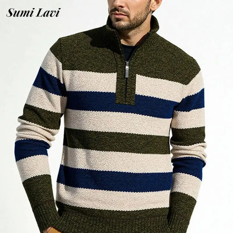

Классические полосатые джемперы, мужские осенне-зимние повседневные повседневные приталенные свитера, мужские поло для отдыха с длинным рукавом на молнии и воротником-стойкой
