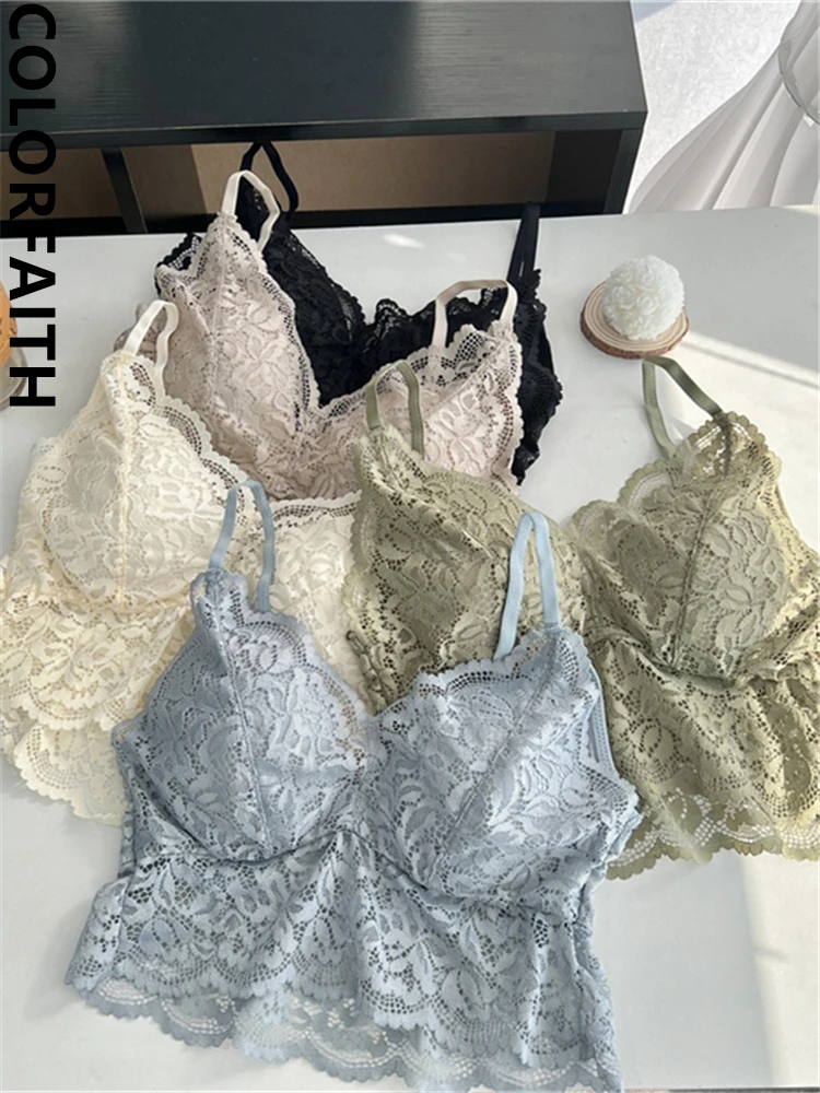 Colorfaith V5381JM New 2023 Lace Bottoming Sexy Bra Padding Elasticity Vests Women Backless Summer Tank & Camis Crop Short Tops