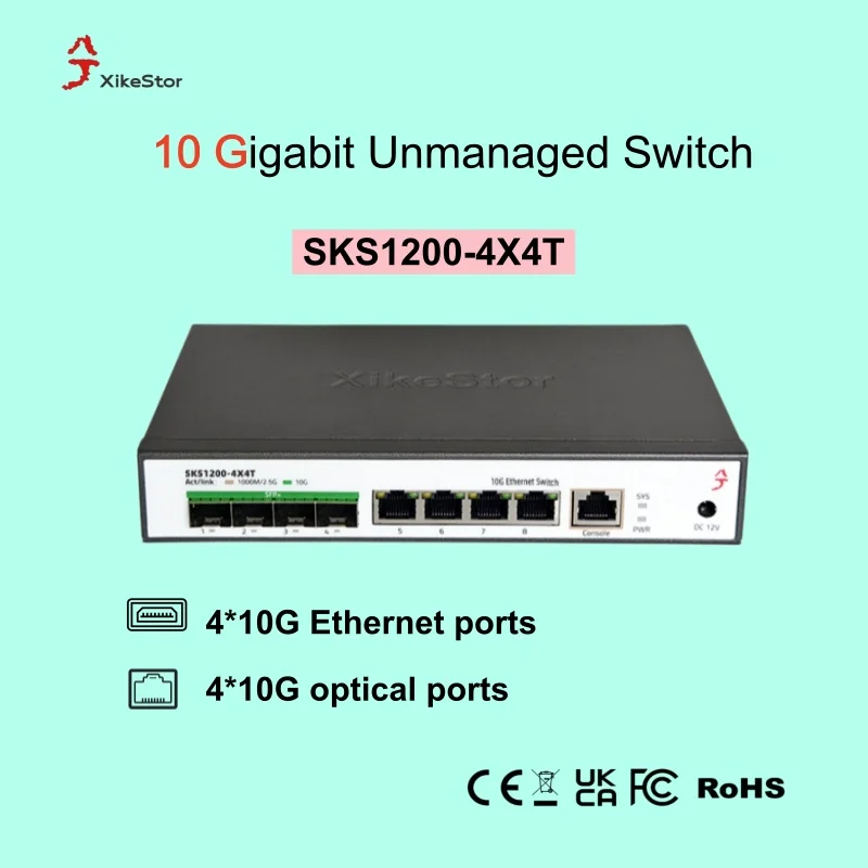 XikeStor Full 10G Unmanaged Ethernet Switch ,SKS1200-4X4t