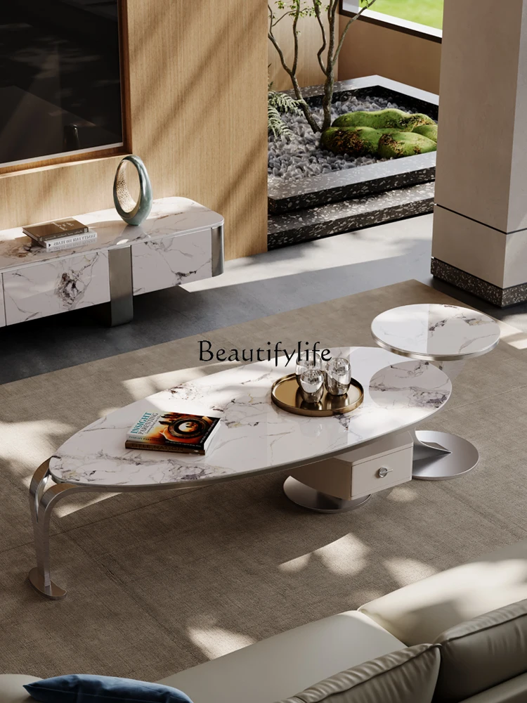 Stone Plate Coffee Table Light Luxury Modern Minimalist Italian Marble Villa Microlite Coffee Table TV Cabinet