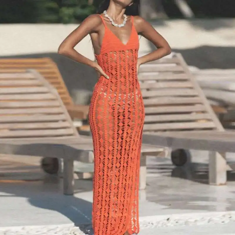 Ladies Sexy V Neck Hollow Split Knitted Suspender Dress Crochet Solid Color Beach Bikini Cover Up Summer Slim One-Piece Swimsuit