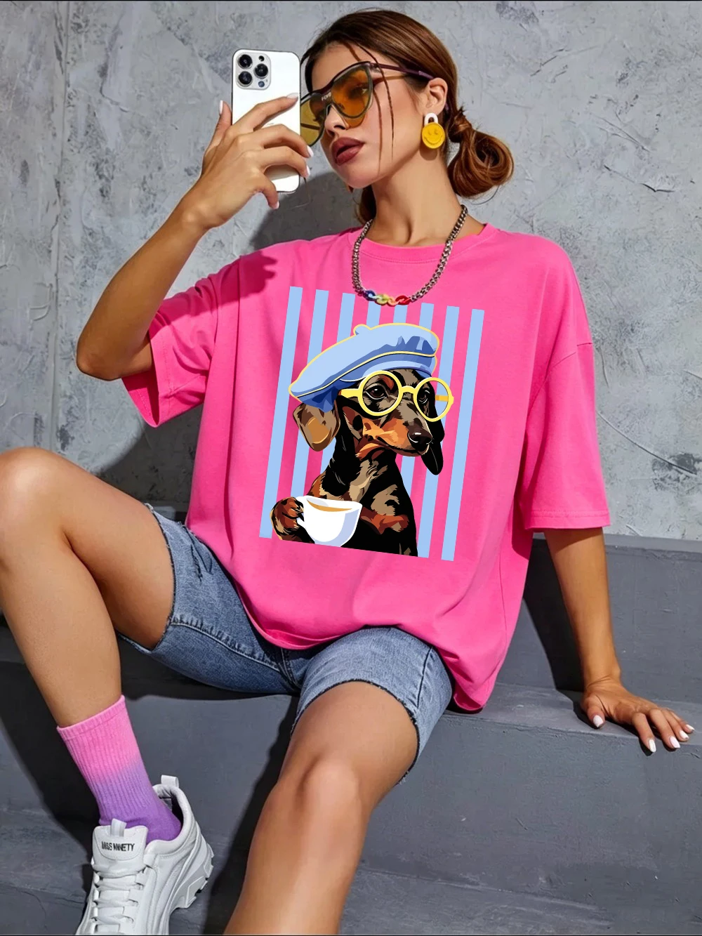 Dackel-Illustrationsdrucke T-Shirts Baumwolle Damen Sommer Oversize-Tops Weiches O-Ausschnitt Kurzarm-T-Shirt Basic Damenbekleidung – Detail 22