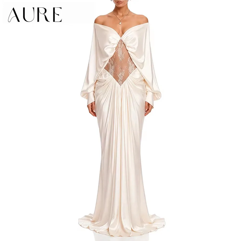 Aure Customized Saudi Arabia Mermaid Evening Dress Off The Shoulder Long Sleeve Patchwork Lace Dress Cocktail Party Prom Gowns