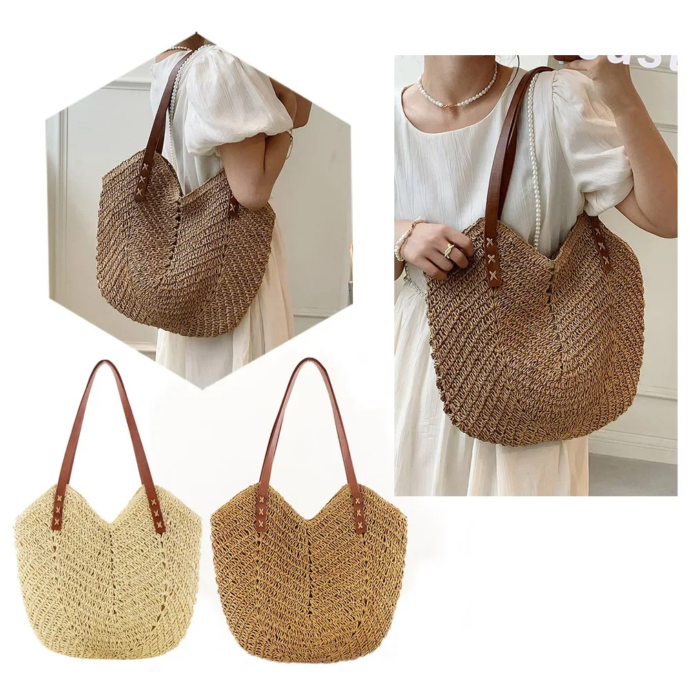 Saco de palha tecido Rattan oco para mulheres, sacos de praia crochê, bolsa de ombro, bolsas de senhoras tecelagem, moda, verão, 2023