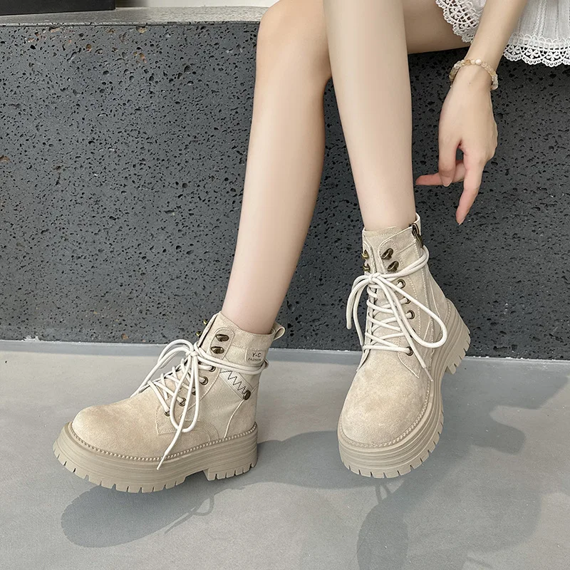 Retro Dames Effen Kleur Ronde Neus Korte Laarzen Dikke Bodem Wandelschoenen Ademend Outdoor Vrije tijd All-match Cosplay Laarzen Nieuw