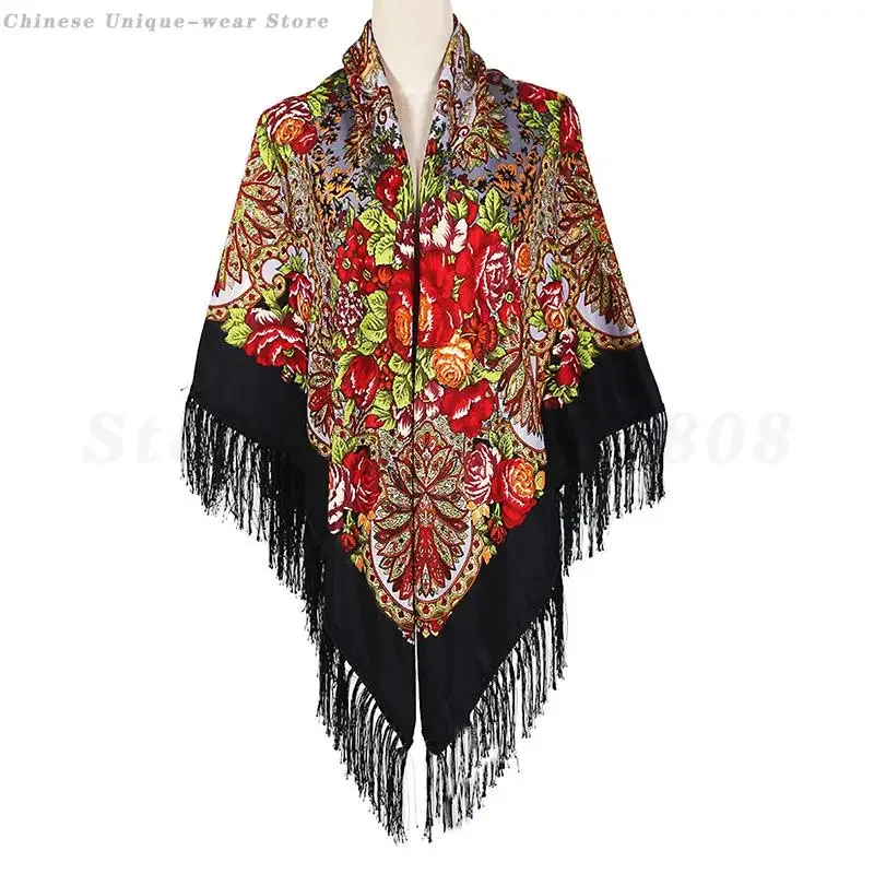 

Large Size 160*160CM Square Scarf Floral Printed Russian Scarves Tassel Shawl Muslim Headscarf Women's National Head Wrap Hijab