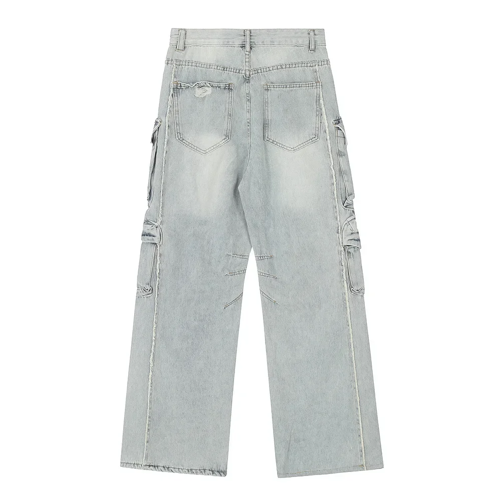 Cargo Jean Wide Leg Denim Pants Men Jeans Ankle Length Spliced Pockets Casual Washed Distressed Loose Zipper Fly Patchwork