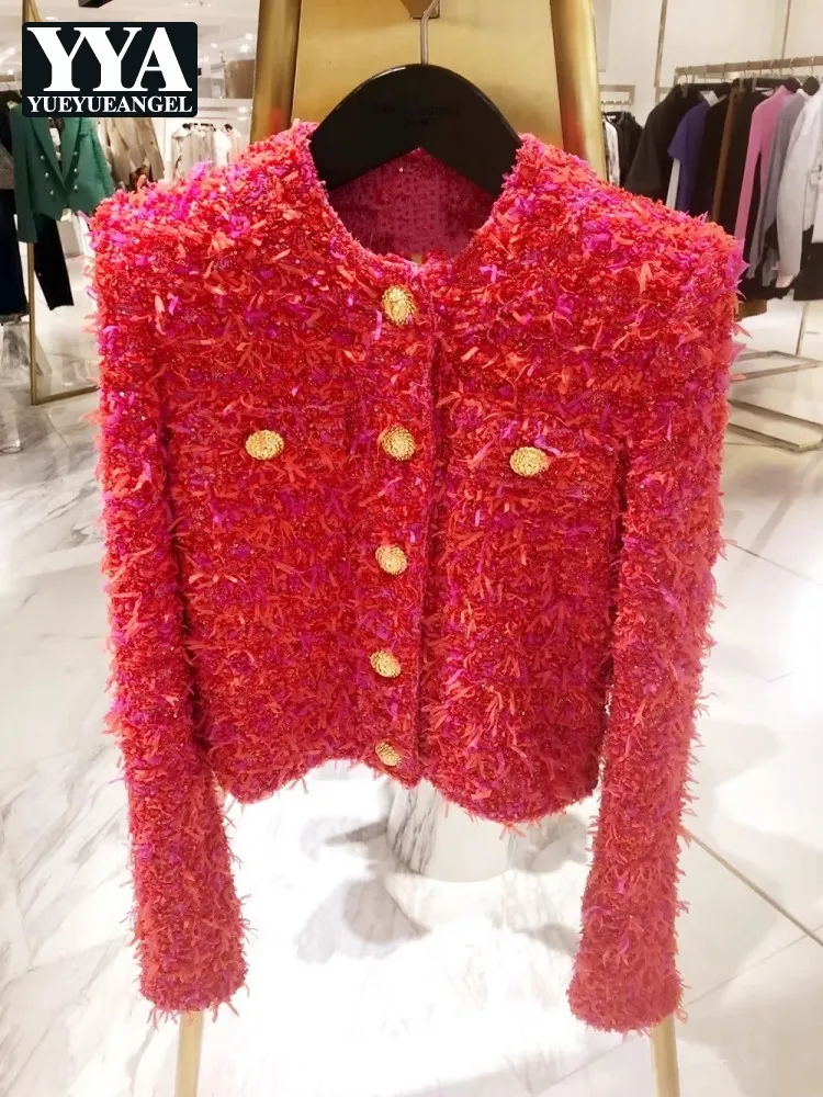 

Elegant Office Ladies Slim Fit Short Coat Spring Autumn Outerwear Long Sleeve O Neck Women Sweet Fashion Weave Tweed Jacket Tops