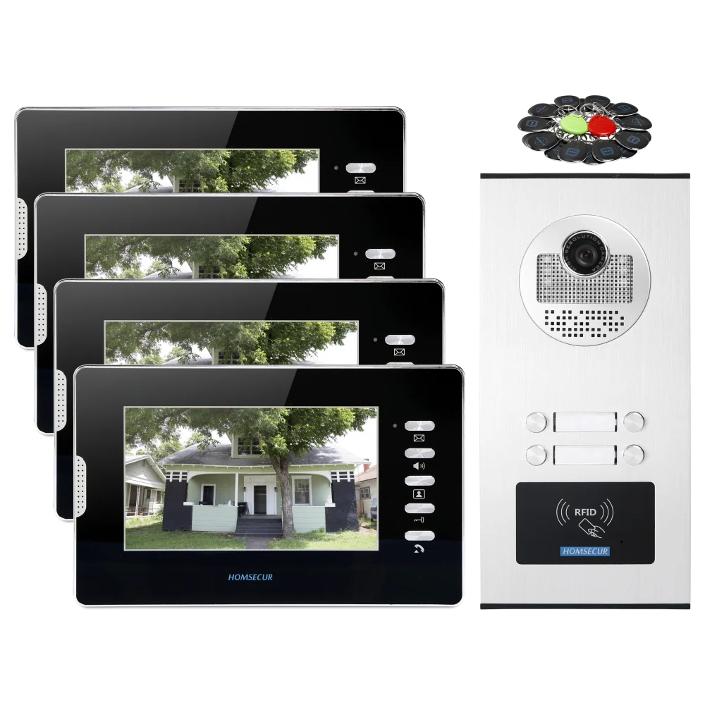 

7-дюймовый видеодомофон для квартиры с функцией безопасности и RFID, наружный блок для 4 семей